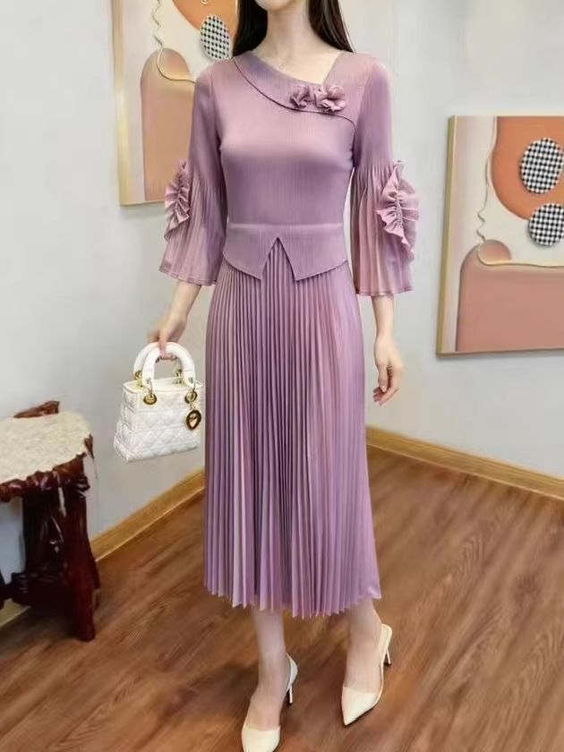 Plus Size Women's Slim Fit Casual Dress European And American Style Fashionable Solid Color Pleated_ecoleips.com