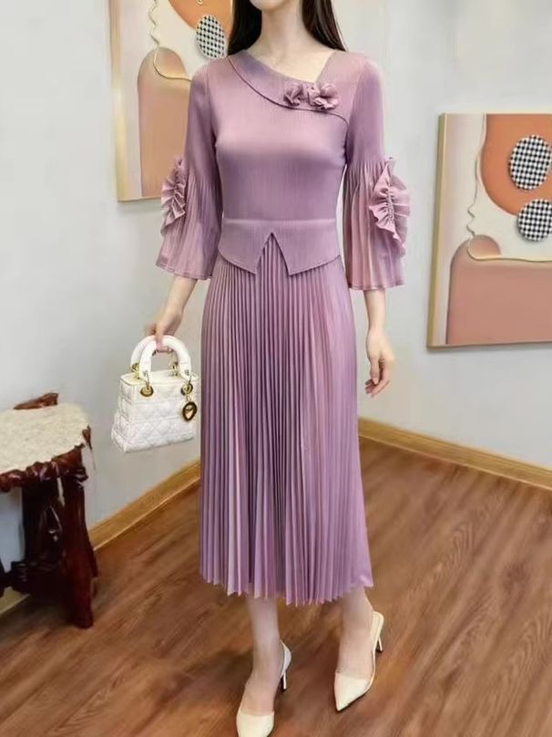 Plus Size Women's Slim Fit Casual Dress European And American Style Fashionable Solid Color Pleated_ecoleips.com