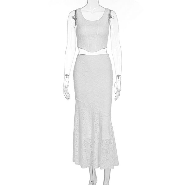 Fashion Temperament Summer New Women Set Sleeveless Lace Waist Controlled Crop Top Bodycon Bandage Hip Dress_ecoleips.com