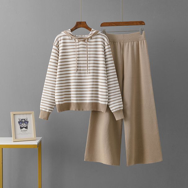 Women's Autumn Winter Striped Knitted Hooded Top Wide Leg Pants Trendy Two Piece Set Casual Fashion_ecoleips.com