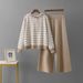 Women's Autumn Winter Striped Knitted Hooded Top Wide Leg Pants Trendy Two Piece Set Casual Fashion_ecoleips.com