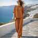 Summer 2 Piece Women's Casual Set with Drawstring Pockets European American Style Short Sleeve round Neck Top Wide Leg Pants_ecoleips.com