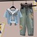 Women's Clothing Fashionable Women's Style Set Embroidered Letter Collar Sailor Suit Short Sleeve Top With Ethnic Trendy Jeans_ecoleips.com