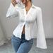 K New Elegant Women's V-neck Single Breasted Solid Color Shirt_ecoleips.com