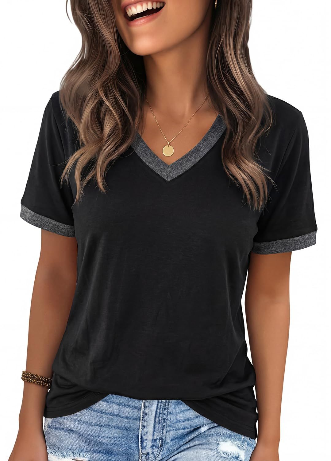 YEXIPO Womens T Shirts Graphic Tees Spring Short Sleeve V Neck Funny Letter Print Casual Loose Cute Summer Tops_ecoleips.com