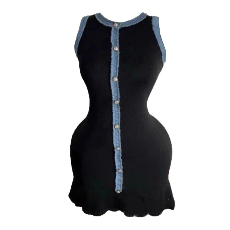 Women's Summer New French Temperament Short Skirt Splicing Denim Raw Edge Knitted Vest Sleeveless Dress_ecoleips.com