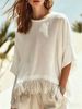 Women's round Neck T-Shirt Solid Color with Tassel Hem Loose Top Lightweight Breathable Batwing Sleeves European American Style_ecoleips.com