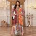 Women's Ethnic Print Kaftan Dress – Long Sleeve Loose Fit Maxi Dress With Embellished Beading (Polyester, S-Xxl, Multi-Color, Pullover Style)_ecoleips.com