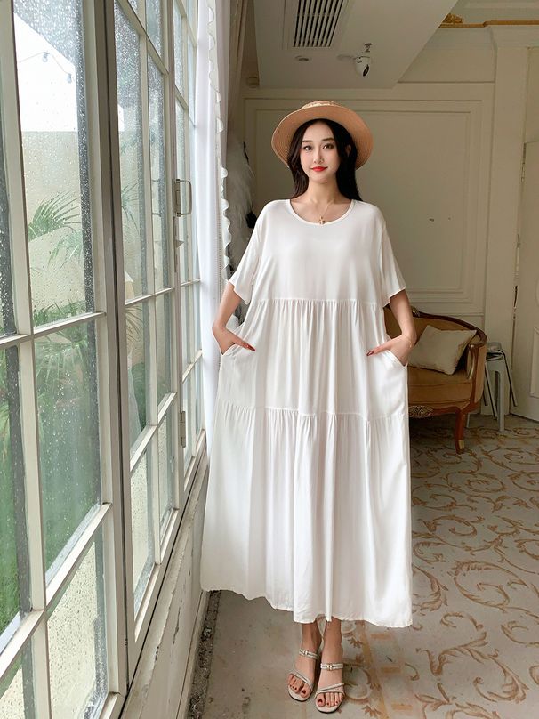 Short Sleeve Cotton Silk Women's European And American 2025 Summer New Round Neck Beach Vacation Style Dress_ecoleips.com