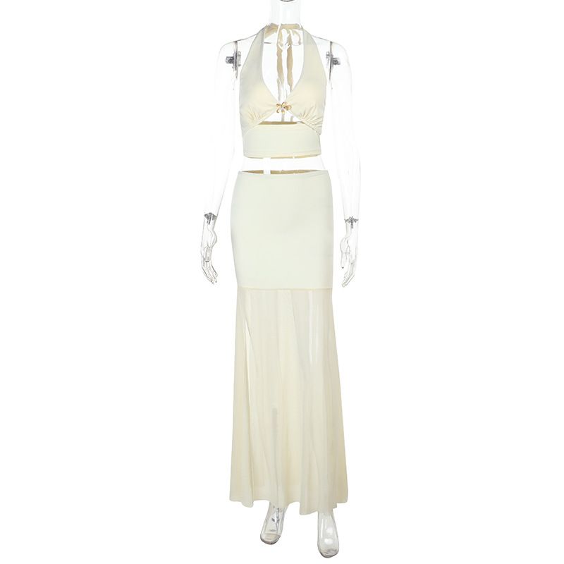 Women's Clothing Vest High Waist Mesh Splicing Long Skirt Hot Girl Holiday Style Suit Female_ecoleips.com