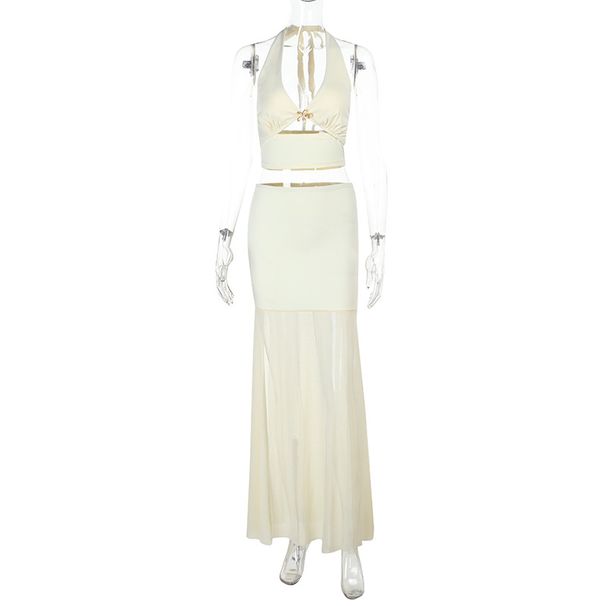 Women's Clothing Vest High Waist Mesh Splicing Long Skirt Hot Girl Holiday Style Suit Female_ecoleips.com