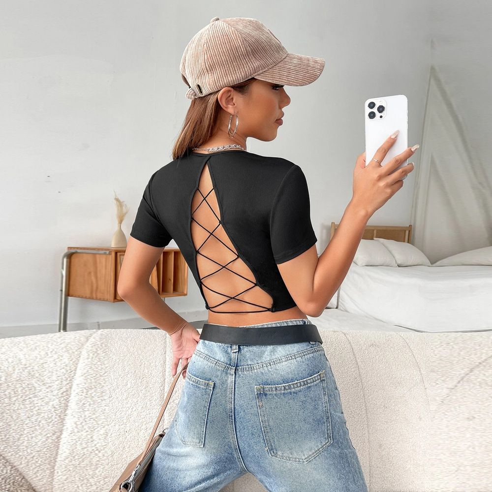 Voya Women's 2026 Spring/Summer New Style Sexy Backless Short Sleeved Slim Knit American T-shirt Top_ecoleips.com