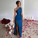 Sexy Satin Dress for Women Shoulder Gathered Slit Slim Fit Summer Temperament Gown_ecoleips.com
