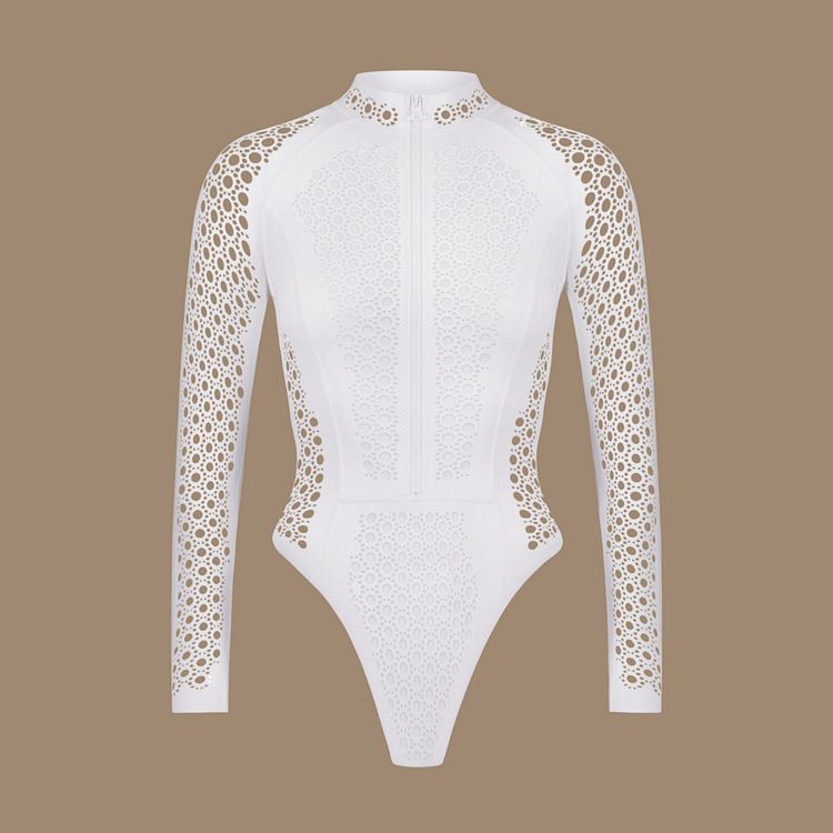 Women's Clothing White Zipper Mesh Long Sleeved Swimsuit Surf One-Piece Sexy Style Vacation Suit Polyester_ecoleips.com
