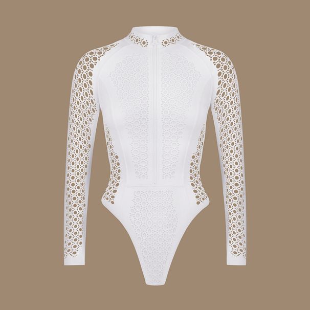Women's Clothing White Zipper Mesh Long Sleeved Swimsuit Surf One-Piece Sexy Style Vacation Suit Polyester_ecoleips.com