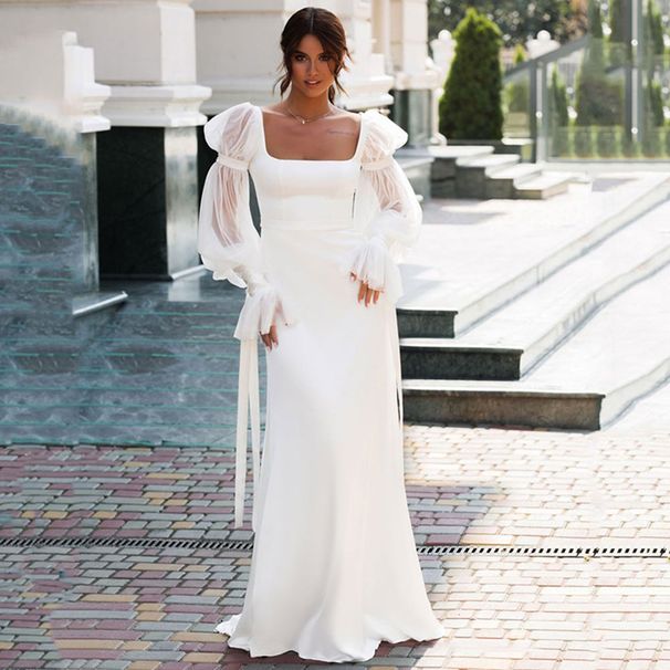 Elegant Long Sleeve Formal Evening Dress For Women High Waist Floor-Length Gown With U-Neckline, Stretchy Spandex Fabric, Wedding & Party Guest Dress_ecoleips.com