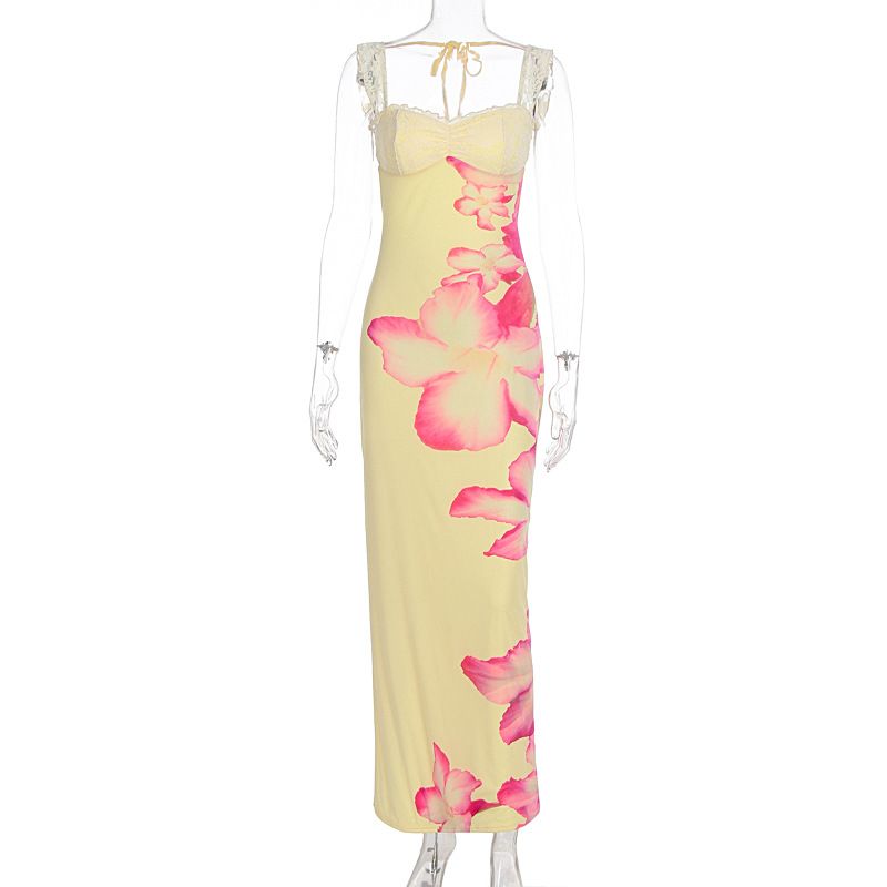 Women Summer Floral Print Lace Splicing Backless Spaghetti Strap Long Dress Casual Vacation Beach Party Evening Flowy Maxi Dress_ecoleips.com