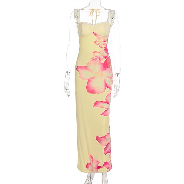Women Summer Floral Print Lace Splicing Backless Spaghetti Strap Long Dress Casual Vacation Beach Party Evening Flowy Maxi Dress_ecoleips.com