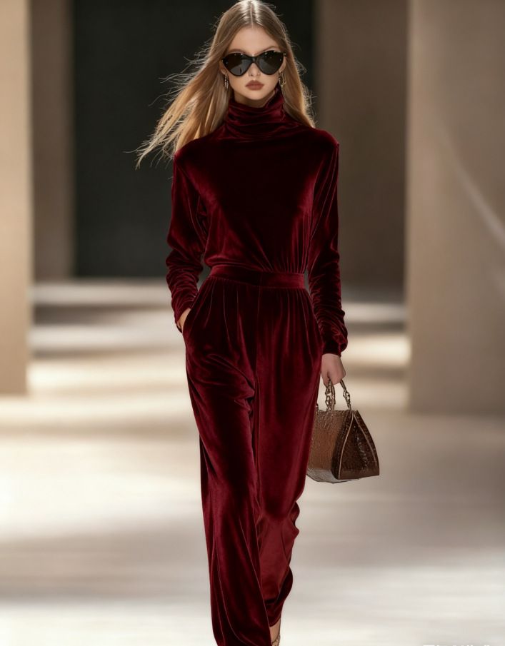 Autumn Winter Korean Velvet Casual Lounge Set - Soft Long Sleeve T-Shirt & Pants Outfit In Solid Colors (Dark Brown, Forest Green, Wine Red, Khaki)_ecoleips.com
