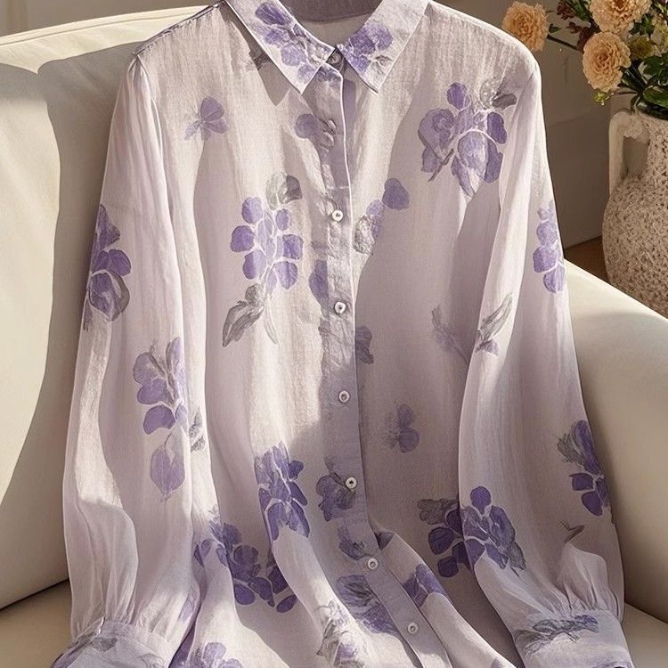 Women's Clothing Good Looking Unique Beautiful French Top Purple Printed Shirt Female_ecoleips.com