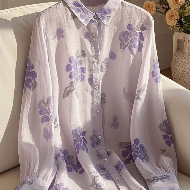 Women's Clothing Good Looking Unique Beautiful French Top Purple Printed Shirt Female_ecoleips.com