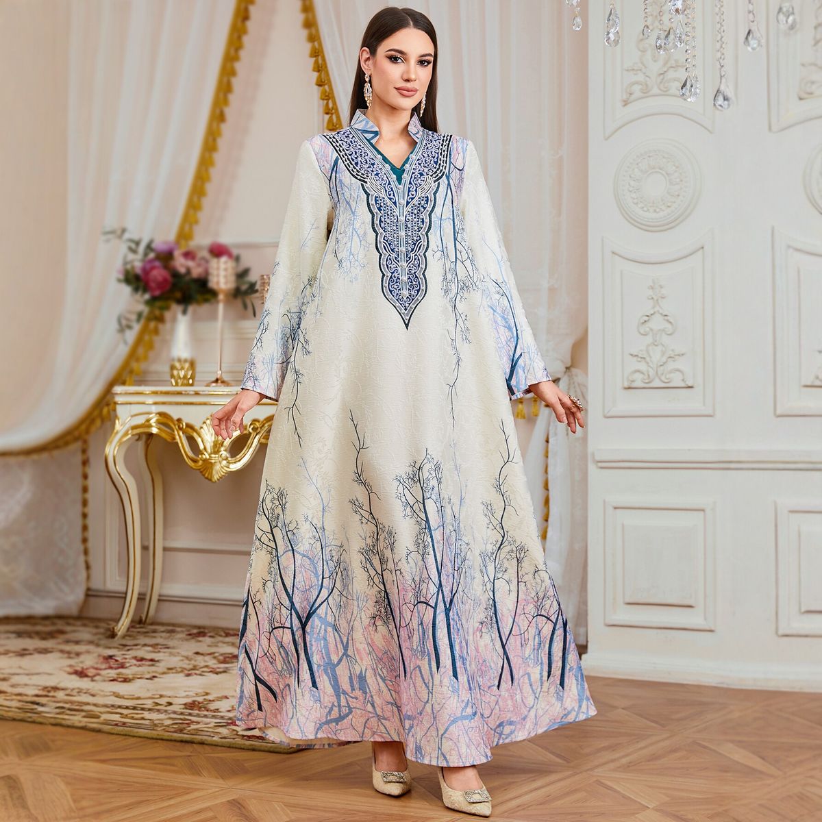 Women's Long Dress Digital Print V Neck Casual Loose Elegant Fashion Cross Border E Commerce Muslim Clothing_ecoleips.com