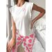 Women White Ruffle Sleeve Top Heart Print Long Pants Pajama Set Summer Soft Sleepwear Two Piece Lounge Wear Cute Nightwear_ecoleips.com