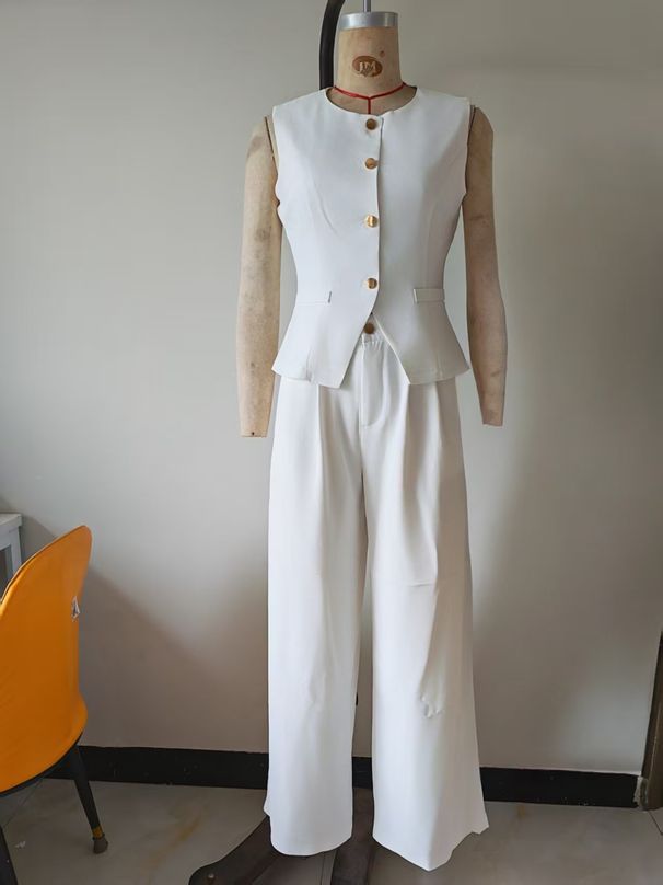 Women's Solid Color Button Pocket Front Vest And Trousers Office Summer Suit Set_ecoleips.com