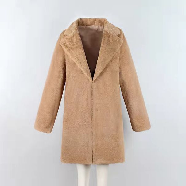 Women's Faux Fur Coat Long Sleeve Lapel Jacket Fashionable Winter Outerwear For Ladies (White, Khaki, Pink, Gray, Black, Brown)_ecoleips.com