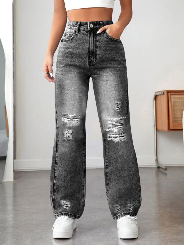 Women's Clothing Pocket Ripped Casual Denim Wide Leg Pants_ecoleips.com