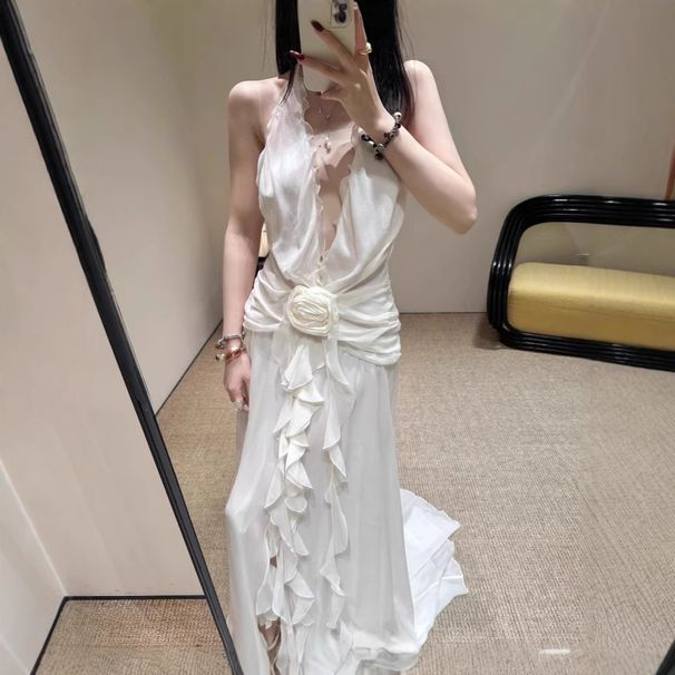 Women's Clothing Elegant Sexy Wood Ear Edge Halter Neck Hollow Long Skirt Pleated Three Dimensional Flower Dress For Women_ecoleips.com