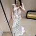 Women's Clothing Elegant Sexy Wood Ear Edge Halter Neck Hollow Long Skirt Pleated Three Dimensional Flower Dress For Women_ecoleips.com
