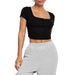 Voya Women's Square Neck Slim Fit Short Knitted Short Sleeved Sports And Casual Irregular T-shirt_ecoleips.com