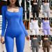 Women's Ribbed Square Neck Bodysuit Long Sleeve Jumpsuit, Tummy Control Butt Lifting Casual Romper For Fall Winter_ecoleips.com