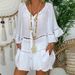 Women's Three Quarter Sleeve Cotton Linen Blend V Neck Loose Fit Button Detail Hollow Top Large Size Dress_ecoleips.com