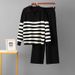 Women's Cross Border Striped Knitted Suit Polo Collar Loose Sweater And Wide Leg Pants Two Piece Set Casual Sports Spring Autumn_ecoleips.com