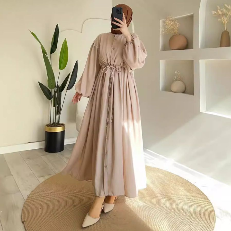 Women's Clothing Hepburn Style Solid Color Round Neck Tie Waist Long Skirt_ecoleips.com