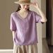 Vintage Cotton-Linen Top For Women, Loose Slimming V-Neck Short-Sleeve Pullover, Casual Solid-Color T-Shirt, Linen Shirt_ecoleips.com