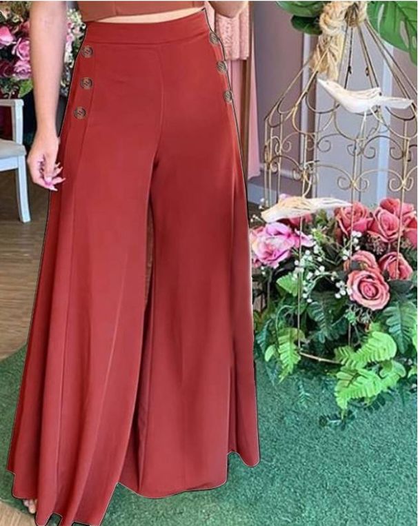 Women’s Clothing Fashion New Women's Button Elastic High Waist Wide Leg Pants_ecoleips.com