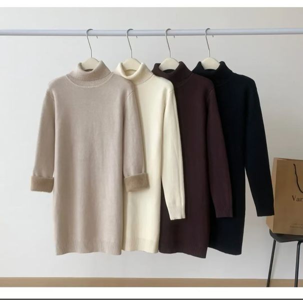 "High-Neck Thermal Dress – Fleece-Lined Knit Sweater Tunic (Black/Beige/Khaki)"_ecoleips.com