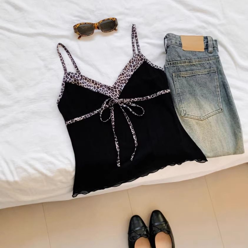 Leopard Print Slim Fit Camisole Patchwork Short Top Lace up Pink Red Bow Style Y2K Hot Girl_ecoleips.com