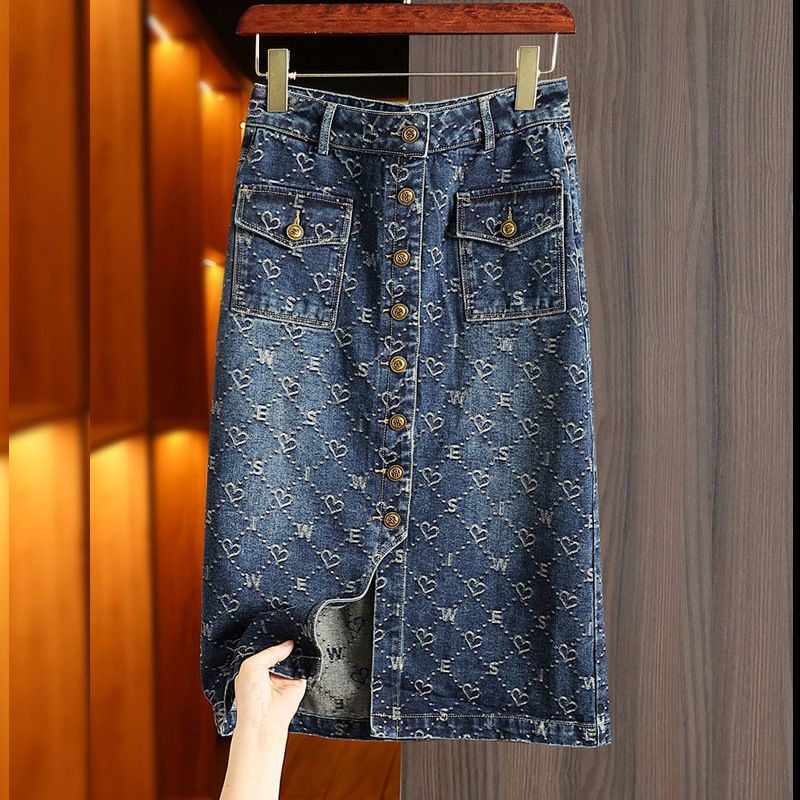 Women's Clothing Love jacquard fashionable denim skirt for women spring and summer new casual versatile design slit hip skirt_ecoleips.com
