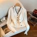 French Lace Trimmed Halterneck Fake Two-Piece Cardigan Layered With Plush Soft Waxy Gray Sweater Top_ecoleips.com