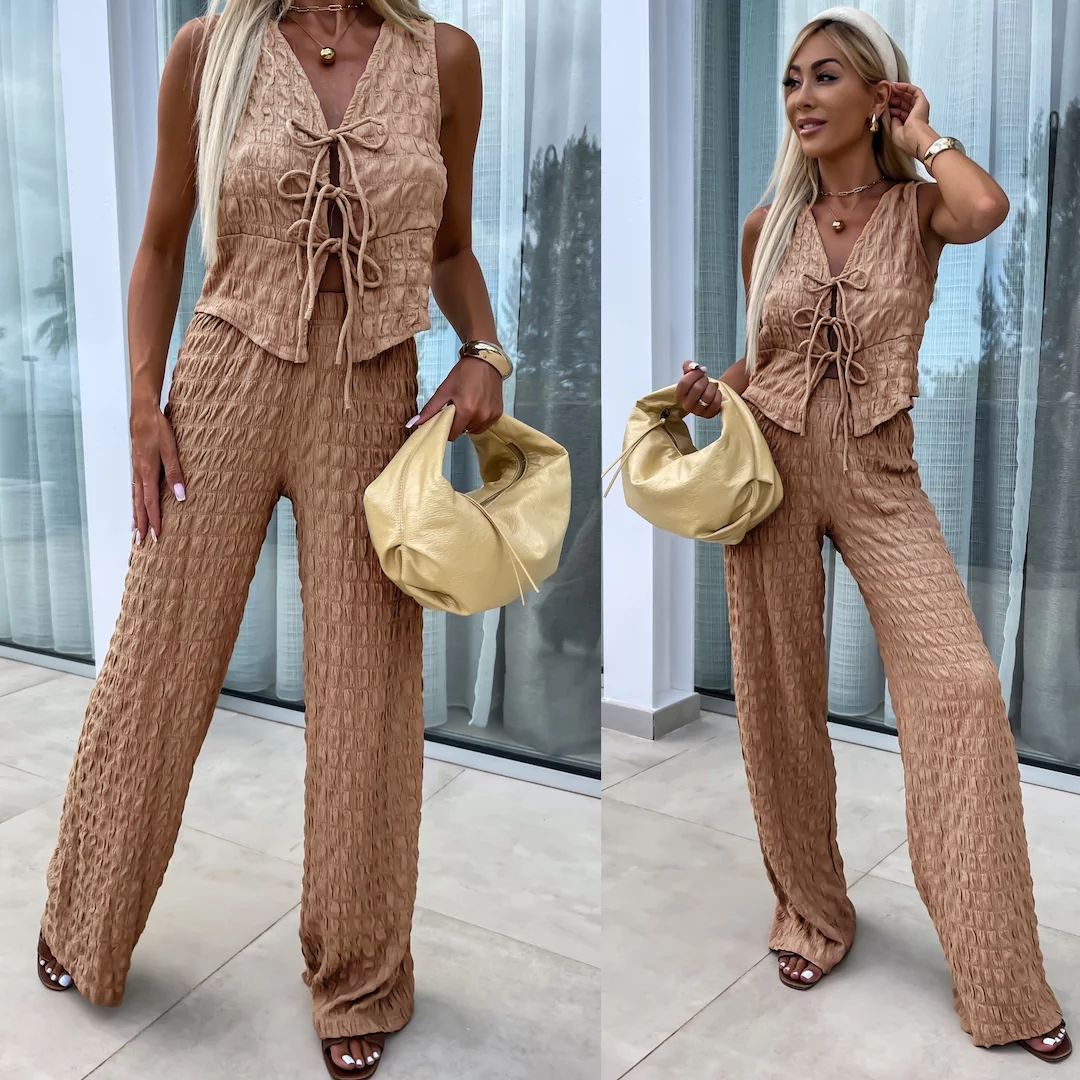 Women's Clothing Plaid Sleeveless V Neck Lace Up Vest Top Straight Casual Trousers Suit_ecoleips.com