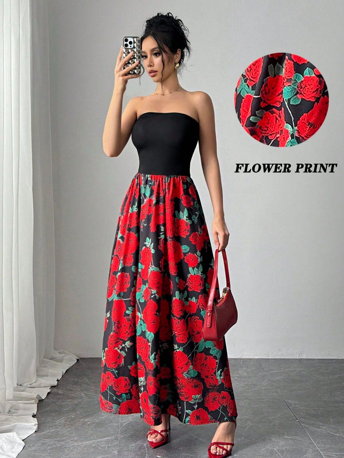 European And American 2025 Spring And Summer New Elegant Ladies Rose Print Splicing Short Chest Wrap Sexy Dress_ecoleips.com