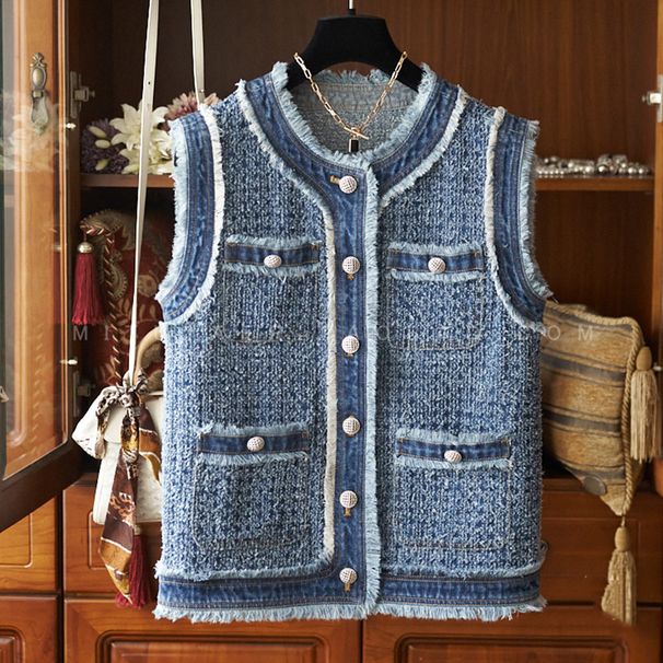 Women's clothing products niche and fashionable exquisite small X style edge cotton 0 quality denim vest jacket_ecoleips.com