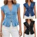 Women's V Neck Slim Fit Denim Vest Top Fashionable Casual Button Down European American Style Cross Border Sleeveless Pleated_ecoleips.com