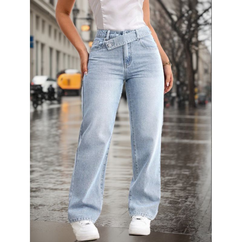 Women's Casual Light Blue Washed Overlap Waist Loose Straight Leg Jeans Denim Pants_ecoleips.com