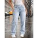Women's Casual Light Blue Washed Overlap Waist Loose Straight Leg Jeans Denim Pants_ecoleips.com
