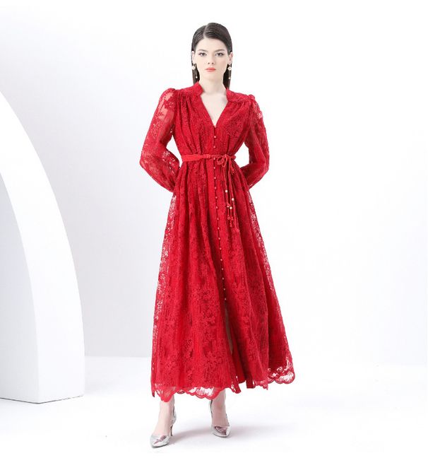 Women's Clothing Spring Waist Heavy Embroidery V Neck Lantern Sleeves Single Breasted Long Skirt_ecoleips.com